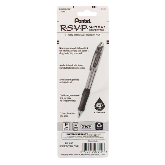 Pentel RSVP Super RT Ballpoint Pen, (0.7mm) Fine Line, Blue Ink, 2-Pk (BX477BP2C), 144 Each