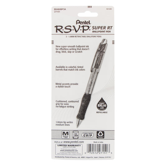 RSVP Super RT Ballpoint Pen, (1.0mm) Medium Line, Black Ink, 3-Pk (BX480BP3A)