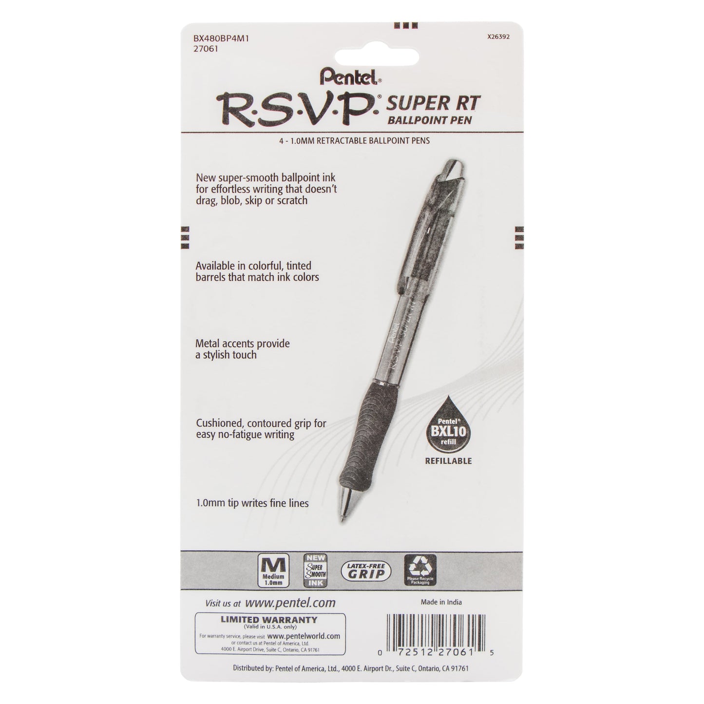 RSVP Super RT Ballpoint Pen, (1.0mm) Medium Line, Assorted Ink (DPSV), 4-Pk (BX480BP4M1)