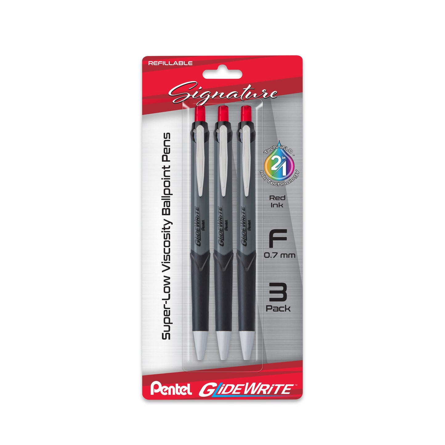 GlideWrite Signature Gun Metal, (0.7mm) Needle Tip, Red Ink, 3-pk (BX927BP3B)