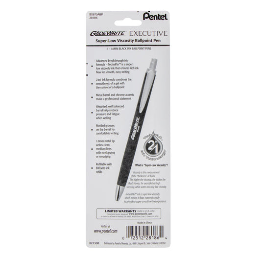 Pentel GlideWrite Executive Ballpoint Pen, (1.0mm) medium, black metal barrel, Black Ink, 1-pk (BX970ABP)