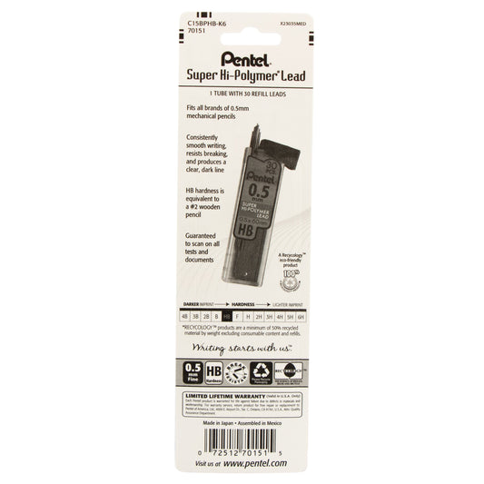 Super Hi-Polymer Lead Refill (0.5mm) Fine, HB, 30 pcs/Tube 1-Pk (C15BPHB-K6)