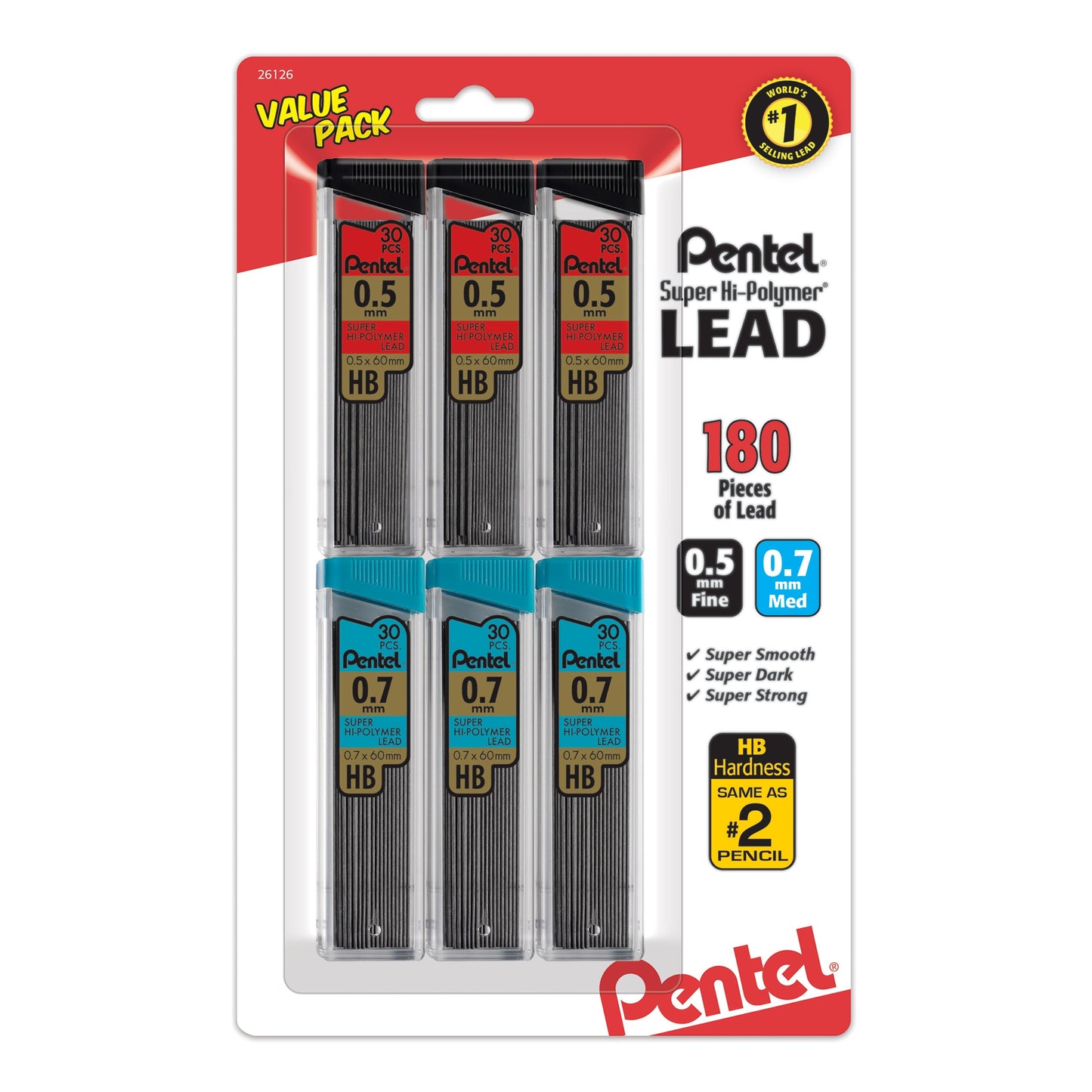 Pentel Super Hi-Polymer Lead Refill (0.5/0.7mm) Fine/Medium, HB, 30 pcs/Tube 6-Pk (C257BPHB6)