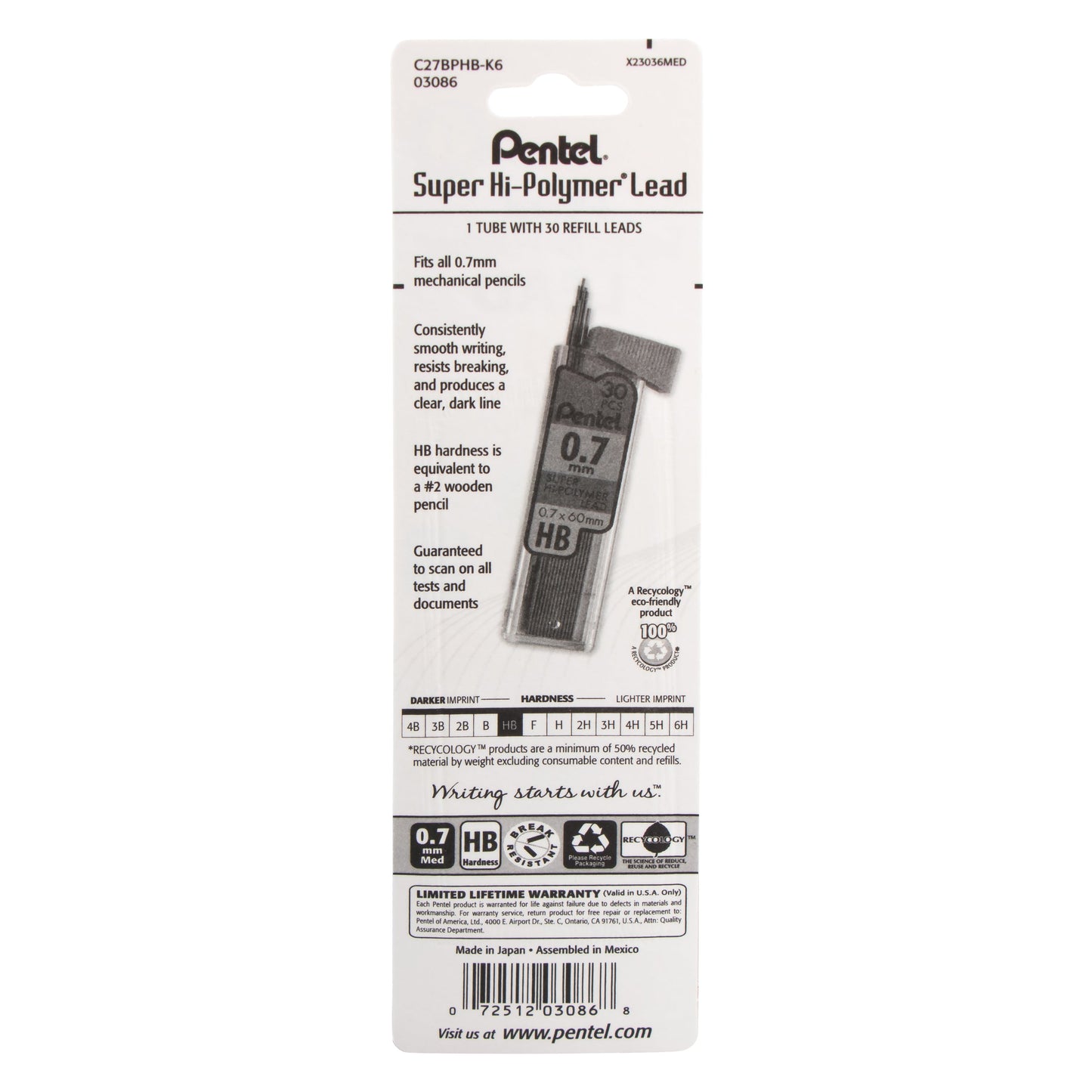 Super Hi-Polymer Lead Refill (0.7mm) Medium, HB, 30 pcs/Tube 1-Pk (C27BPHB-K6)