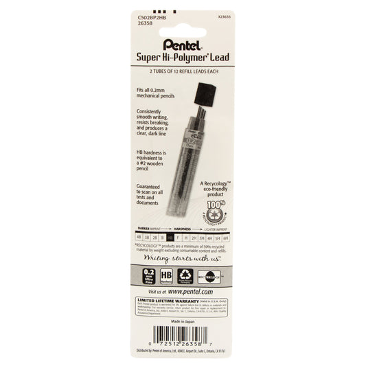 Super Hi-Polymer Lead Refill (0.2mm) Super Fine, HB, 12 pcs/Tube 2-Pk (C502BP2HB)