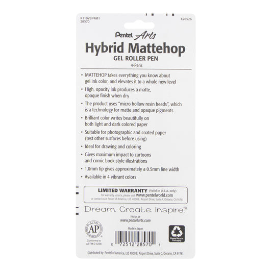Hybrid MATTEHOP Gel Roller, 1.0mm, Matte F/G/P/V Ink, 4-PK (K110VBP4M1)