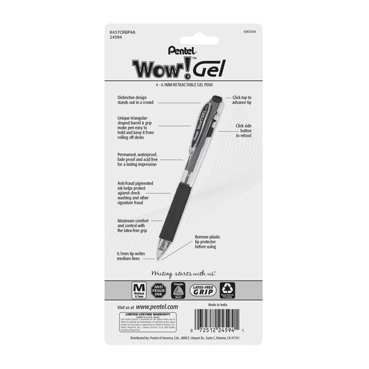 Wow! Gel Retractable Gel Pen, (0.7mm) Medium Line, Black Ink 4-Pk (K437CRBP4A)