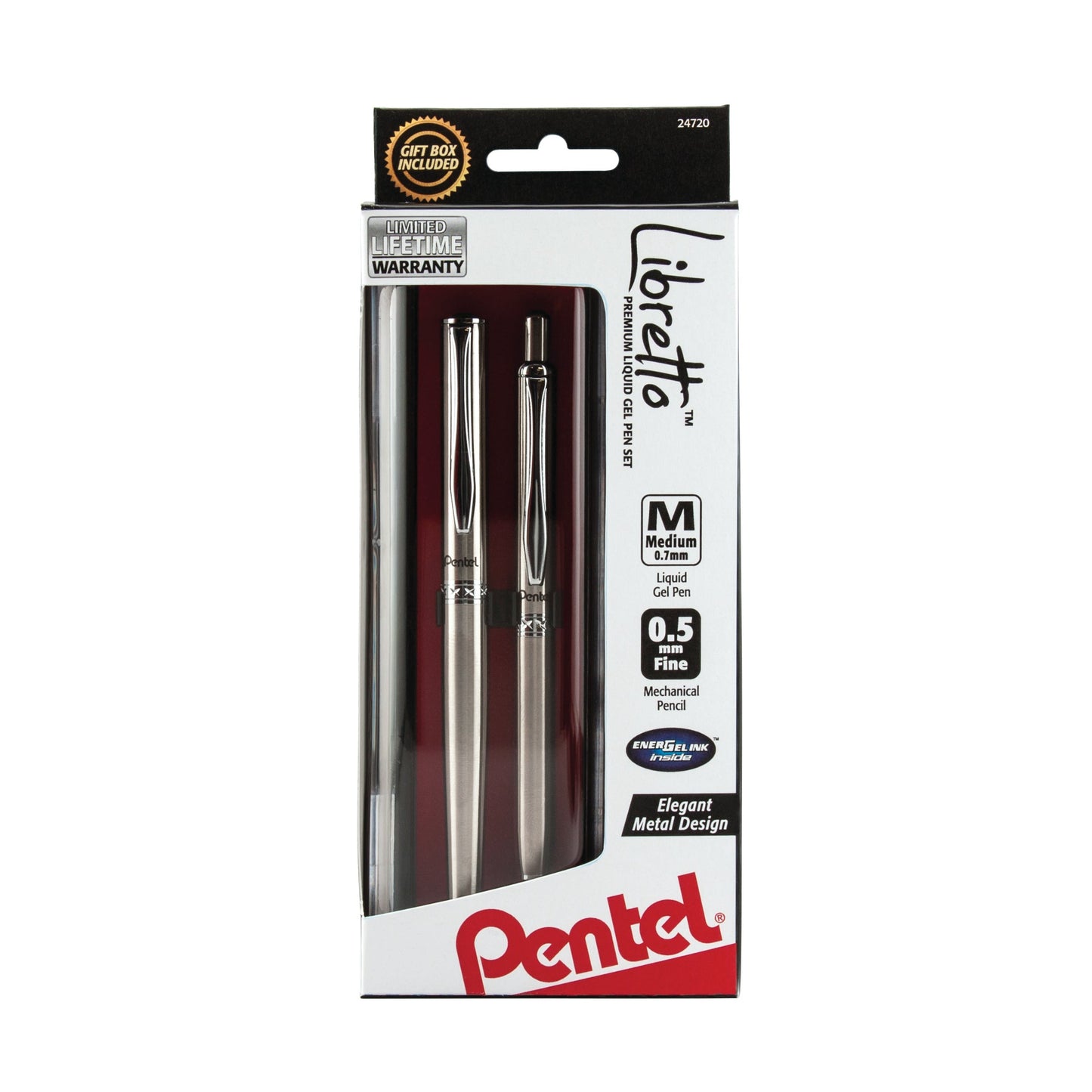 Libretto (0.7mm) EnerGel Pen, and (0.5mm) Pencil Set, w/ Gift Box, Silver Barrels, Black Ink (K6A8BPZA)