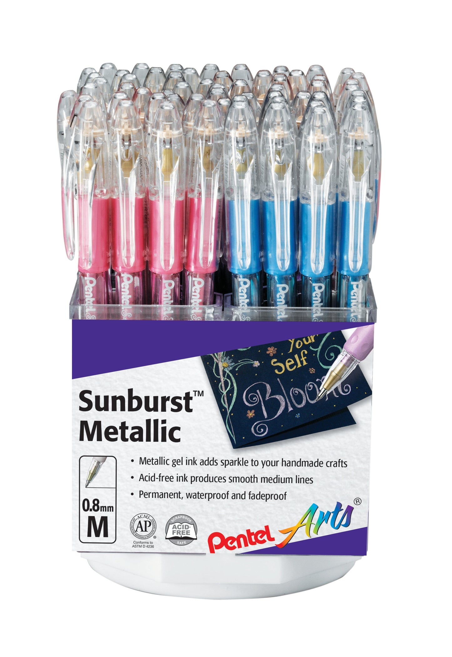 Pentel Arts Sunburst Metallic Gel Pen, Medium Line, Permanent, Assorted Ink Spinner Display - 60 Pieces (K908M-5)