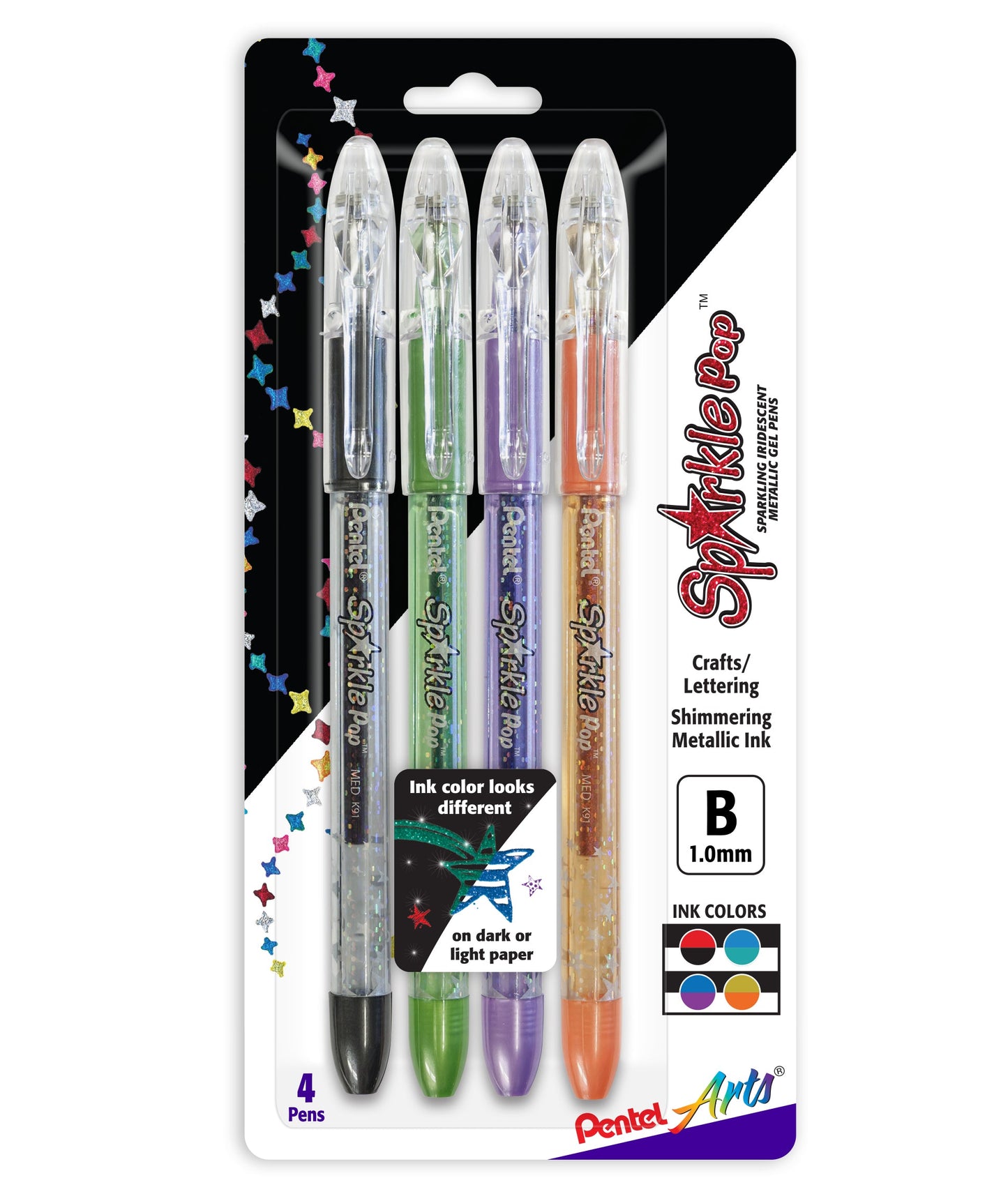 Pentel Arts Sparkle Pop Metallic Gel Pen, (1.0mm) Bold Line, Assorted Ink (ADVF), 4-Pk (K91PABP4M)