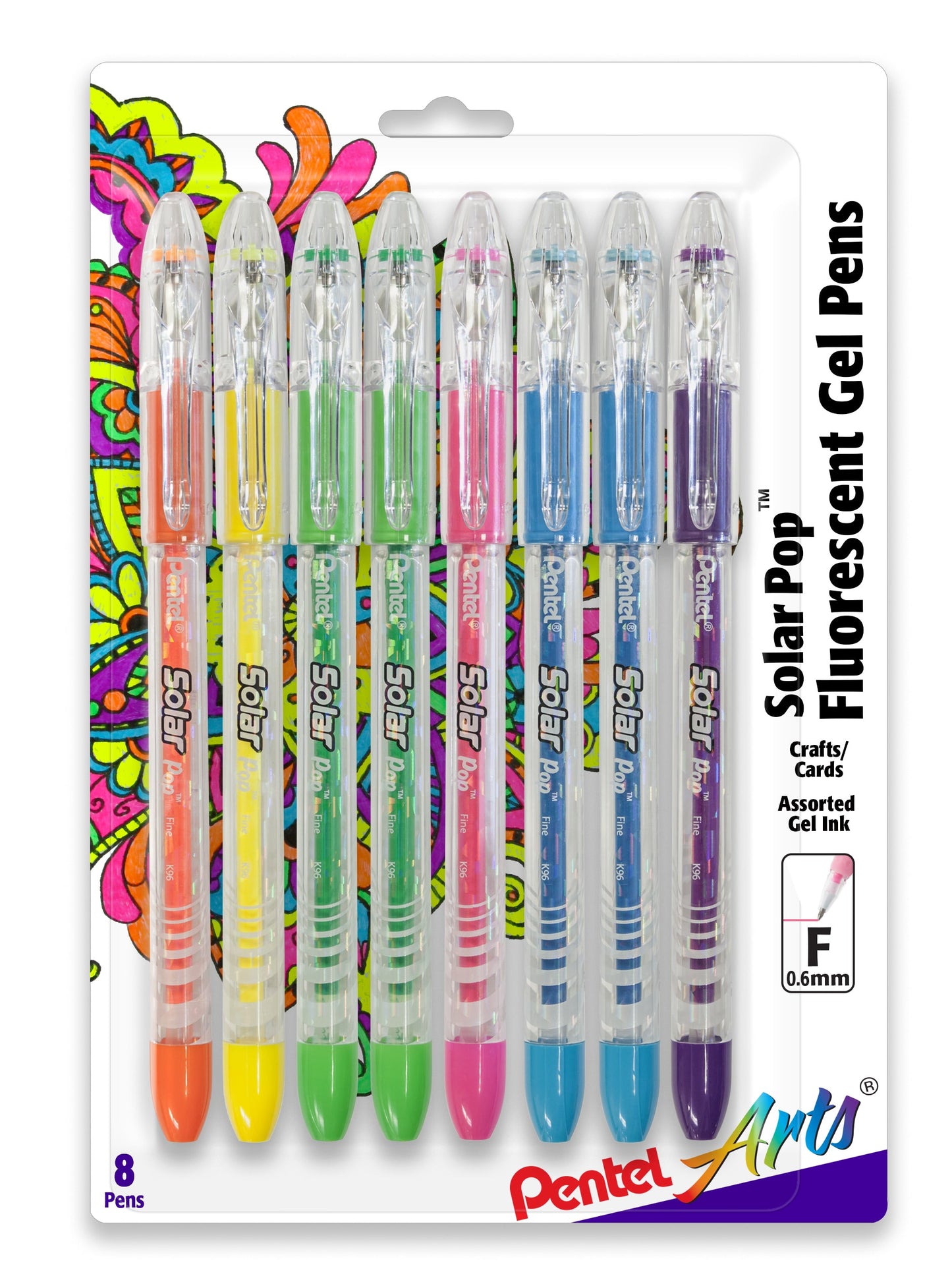 Pentel Arts Solar Pop Neon Gel Pen, (0.6mm) Fine Line, Assorted Ink (F/G/2K/P/2S/V), 8-Pk (K96PABP8M)