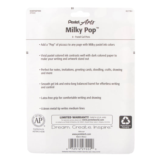 Pentel Arts Milky Pop Pastel Gel Pen, (0.8mm) Medium Line, Assorted Ink (F/G/K/P/S/V/2W), 8-Pk (K98PABP8M)