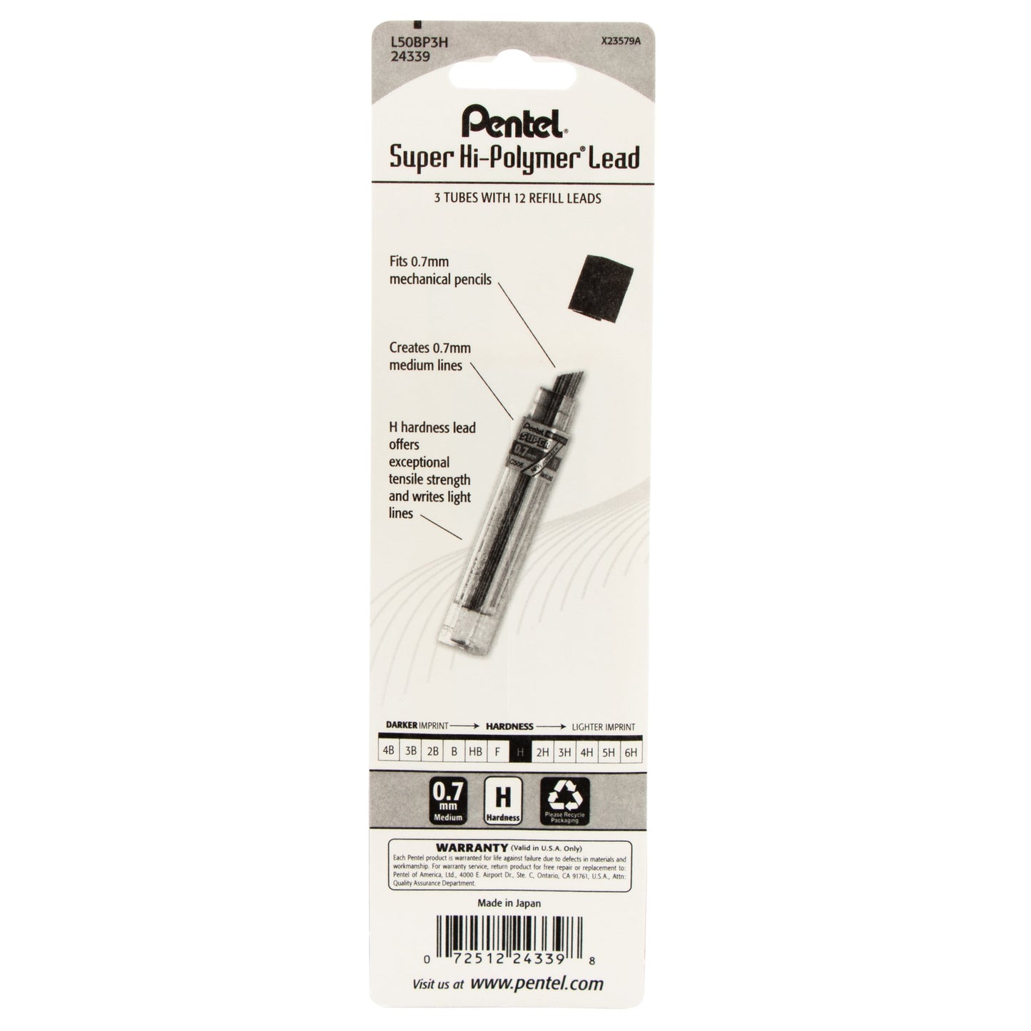 Super Hi-Polymer Lead Refill (0.7mm), H 12 pcs/Tube 3-Pk (L50BP3H)