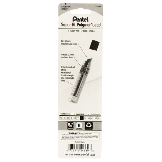 Super Hi-Polymer Lead Refill (0.7mm), H 12 pcs/Tube 3-Pk (L50BP3H)