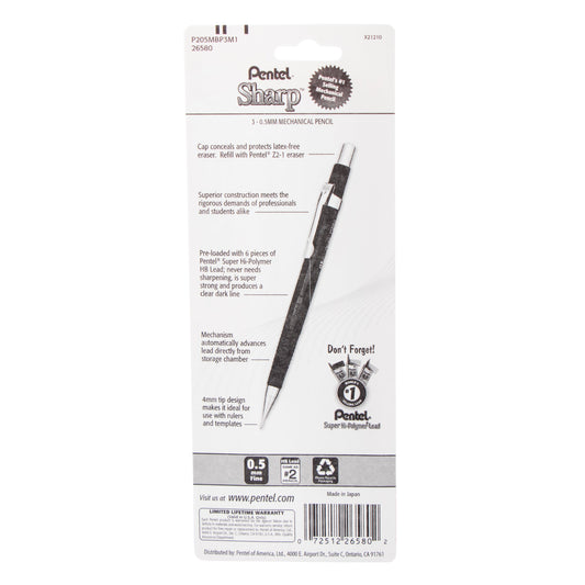 Sharp Mechanical Pencil, (0.5mm), Metallic Barrels, Assorted Colors (B/C/D), 3-Pk (P205MBP3M1)