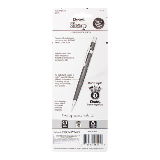 Sharp Mechanical Pencil (0.7mm) Metallic Barrels, Assorted Colors (Z/MS/MK1), 3-Pk (P207MBP3M)