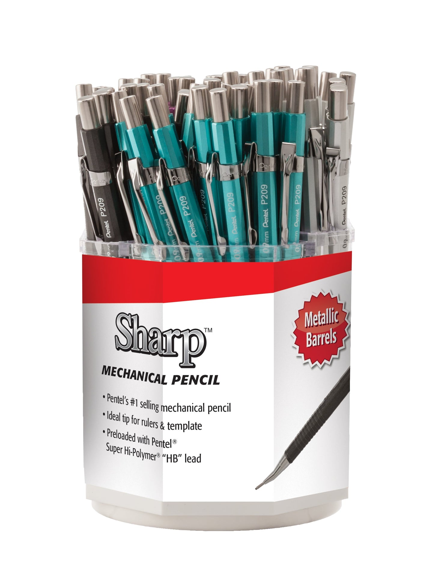 Sharp Mechanical Pencil, (0.9mm) Metallic Barrels, Assorted Barrel Colors (K/N/P/Z),
Open Stock Spinner Display - 60 Pieces (P209M-5)