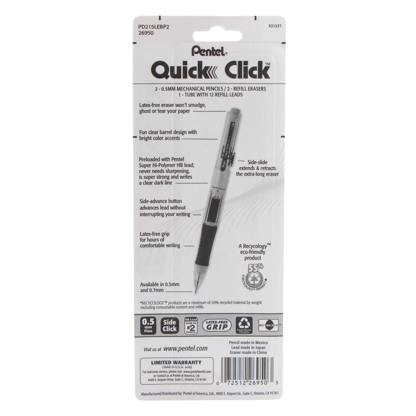 QUICK CLICK Mechanical Pencil (0.5mm) with Lead and (2) Eraser Refills, 2-Pk (PD215LEBP2)