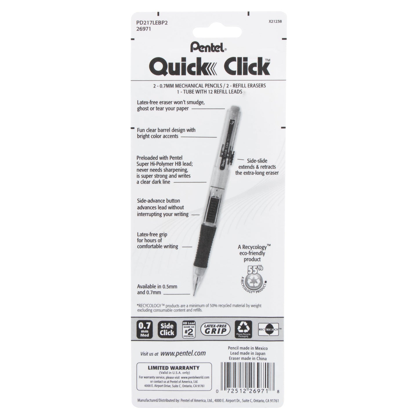 QUICK CLICK Mechanical Pencil (0.7mm) with Lead and (2) Eraser Refills, 2-Pk (PD217LEBP2)