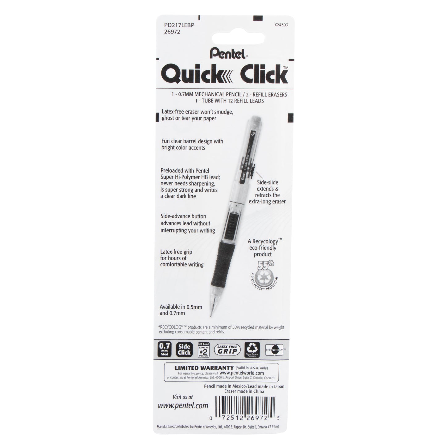 QUICK CLICK Mechanical Pencil (0.7mm) with Lead and (2) Eraser Refills, 1-Pk (PD217LEBP)