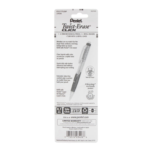 Pentel Twist-Erase CLICK Mechanical Pencil, (0.7mm) Clear Barrel, Asst Grip Colors
with Lead and (2) Erasers, 1-pk Carded (PD277TLEBP)