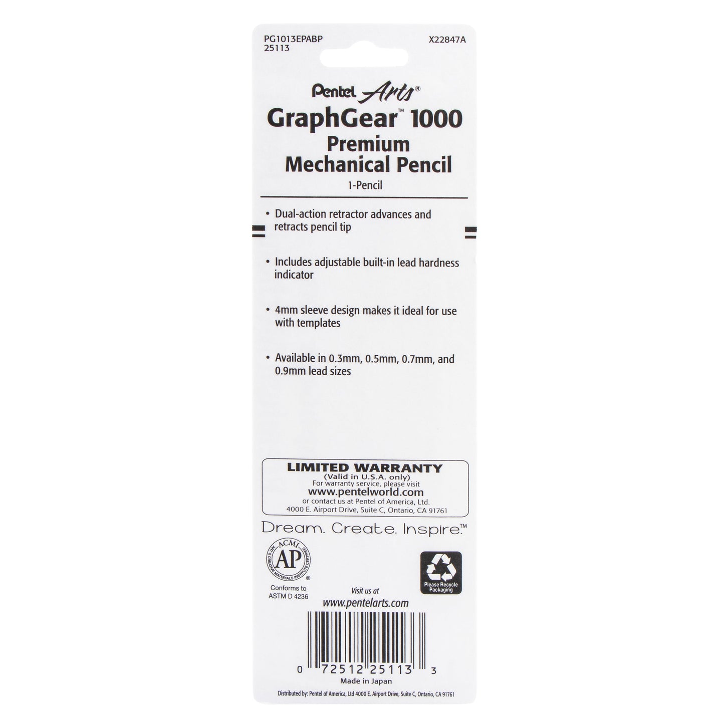 Pentel Arts GraphGear 1000 Automatic Drafting Pencil (0.3mm), 1-Pk (PG1013EPABP)