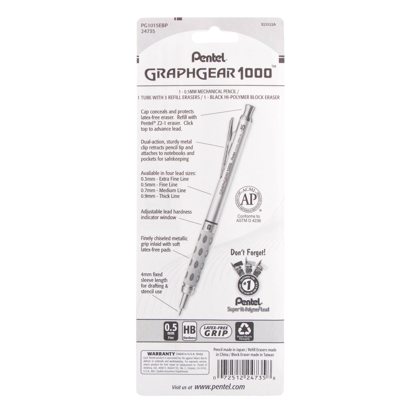 GraphGear 1000 Automatic Drafting Pencil (0.5mm), Eraser Refills, 1-Pk (PG1015EBP)