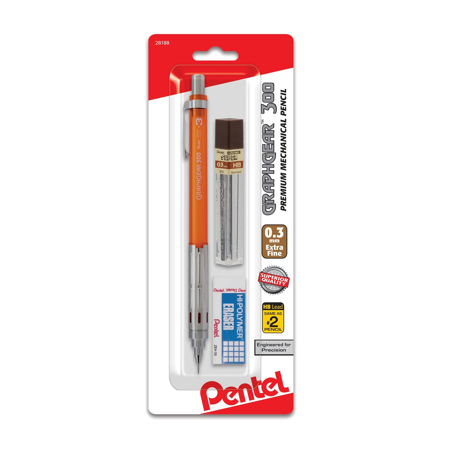 GraphGear 300 Mechanical Pencil, (0.3mm) Extra-fine line, Orange Barrel, with small block eraser + 1 refill lead tube (12 ea/ tube), 1-pk (PG313TLEBP)