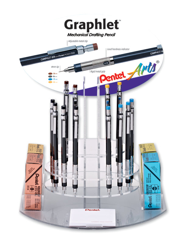 Graphlet Mechanical Pencil, (0.3/0.5/0.7/0.9mm) Assorted Accent Barrel Colors, Refill Lead & Eraser, Open Stock Display - 60 Pieces (PG500-60)