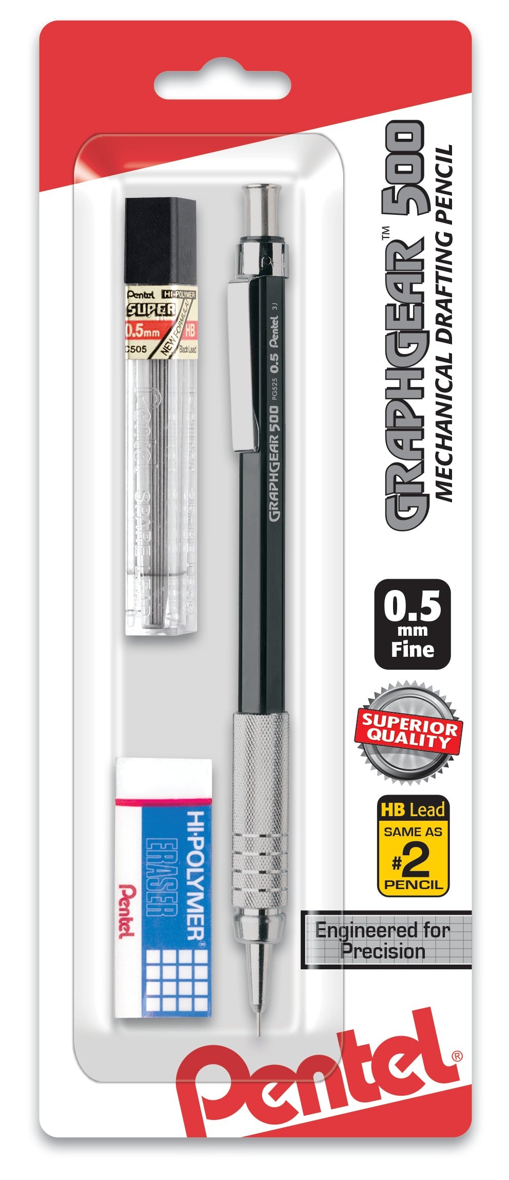 GraphGear 500 Automatic Drafting Pencil (0.5mm), Black Barrel 1-Pk with Lead & Small Block Eraser (PG525LEBP)