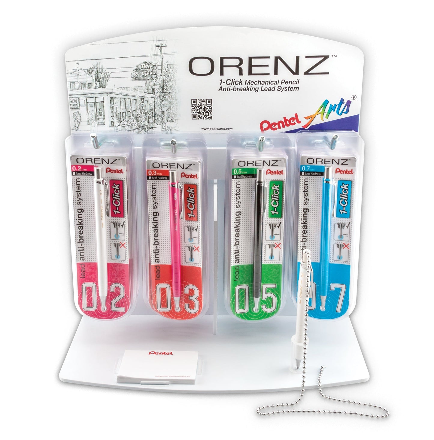 Pentel Arts ORENZ 1-Click Mechanical Pencil (0.2mm/0.3mm/0.5mm/0.7mm), Open Stock Display - 24 Pieces (PP500-24)