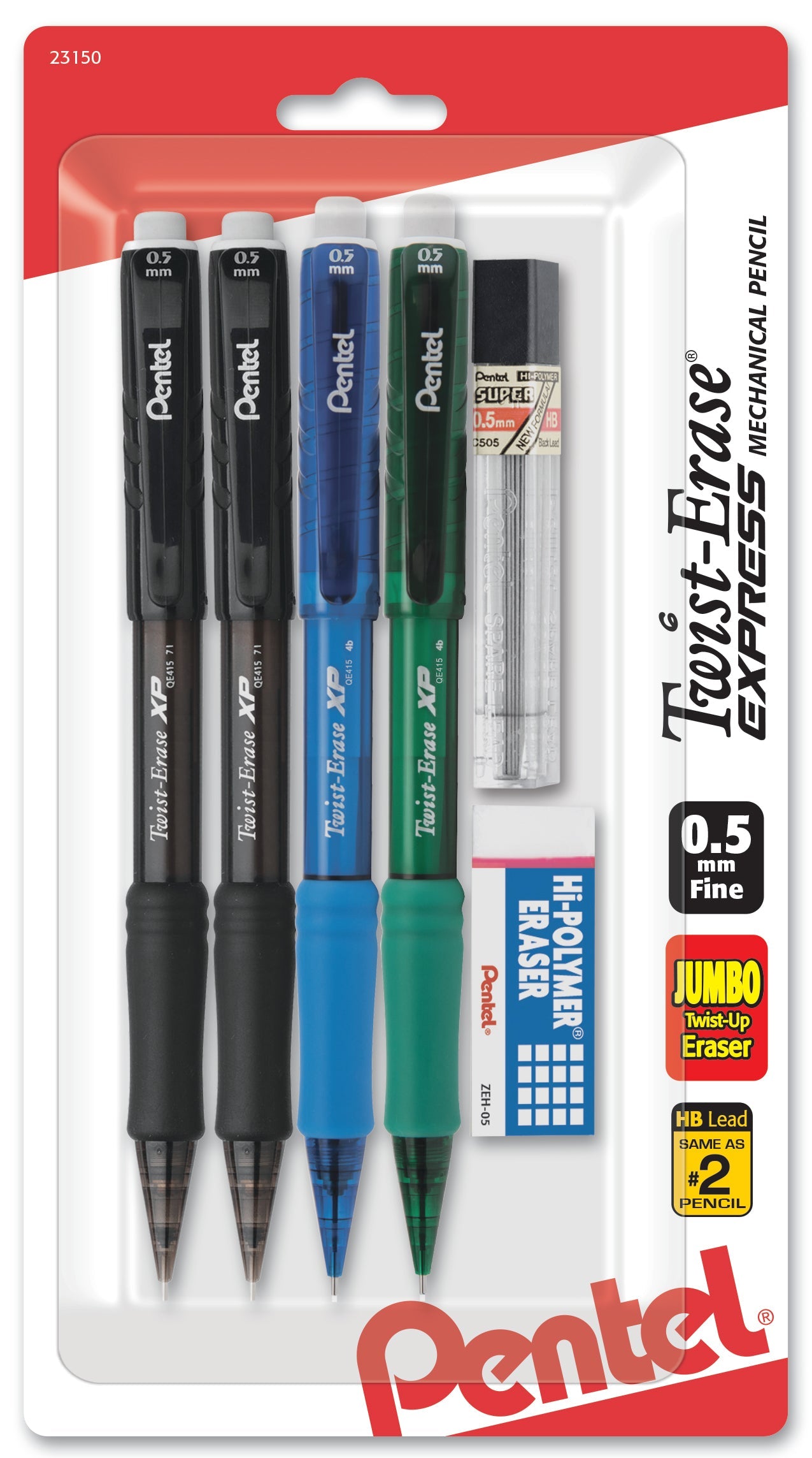 Twist-Erase EXPRESS Mechanical Pencil (0.5mm) Assorted Barrel Colors (A/A/C/D) 4-Pk, Lead + Small Block Eraser (QE415LZBP4)