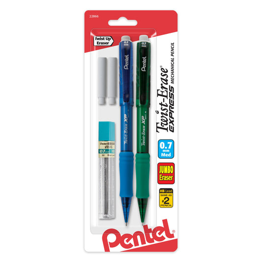 Twist-Erase EXPRESS Mechanical Pencil (0.7mm) Assorted Barrel Colors with Lead and eraser 2-Pk (QE417FLEBP2)