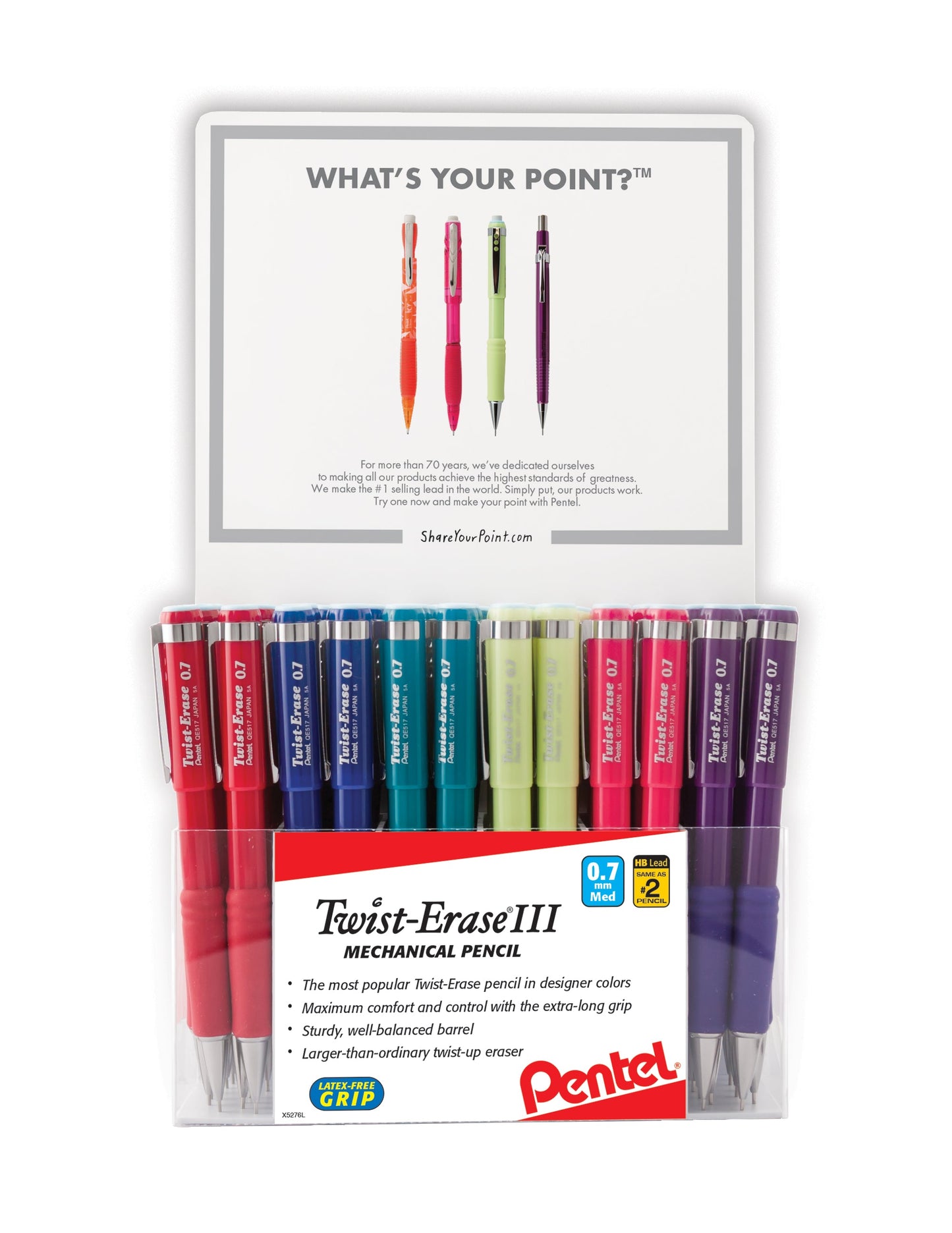 Twist-Erase III Mechanical Pencil, (0.7mm) Assorted Barrel Colors (B/C/D2/K/P/V),
Open Stock Display - 72 Pieces (QE517F-6)
