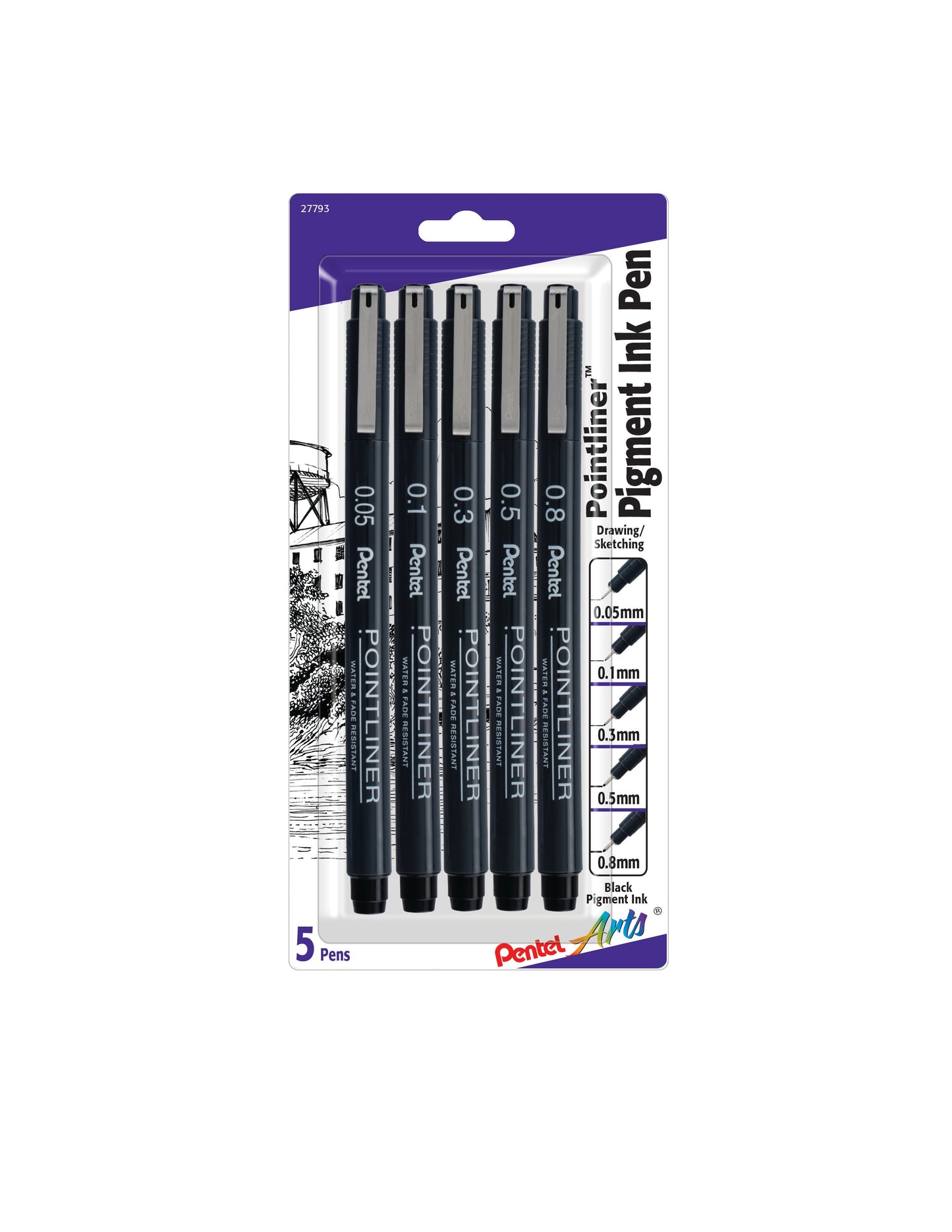 Pentel Arts Pointliner Pen, 5-Pack, Assorted Sizes, Black Ink (S20PBP5A)