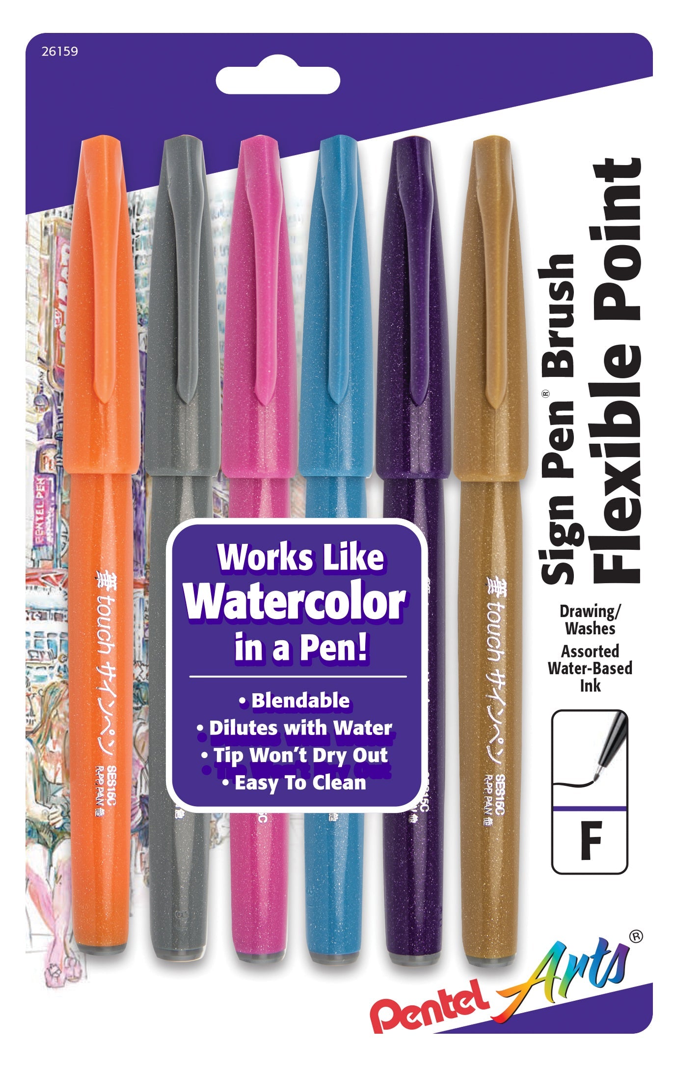 Pentel Arts Sign Pen Brush Tip, Assorted Colors, 6-Pk, Fashion Colors (SES15CBP6M1)