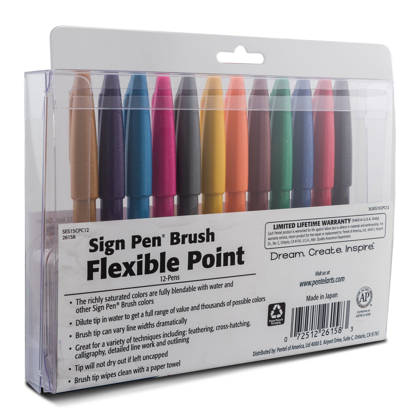 Pentel Arts Sign Pen Brush Tip, Assorted Colors (A/D/F/V/S/G/C/B/E/P/N/Y), 12-Pk Plastic BOX (SES15CPC12)