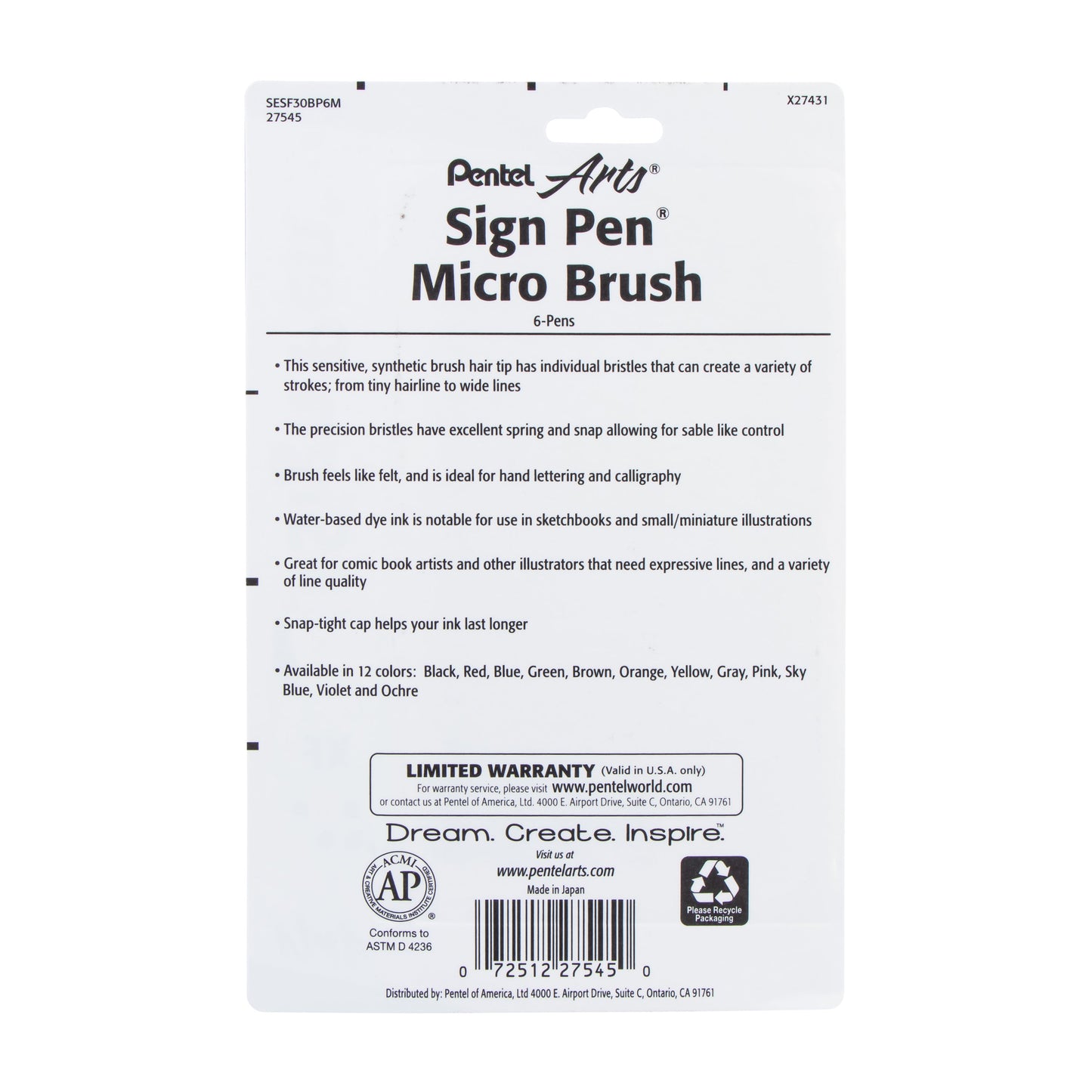 Pentel Arts Sign Pen Micro Brush, Assorted Ink, (A/B/C/D/E/G) 6-pk (SESF30BP6M)