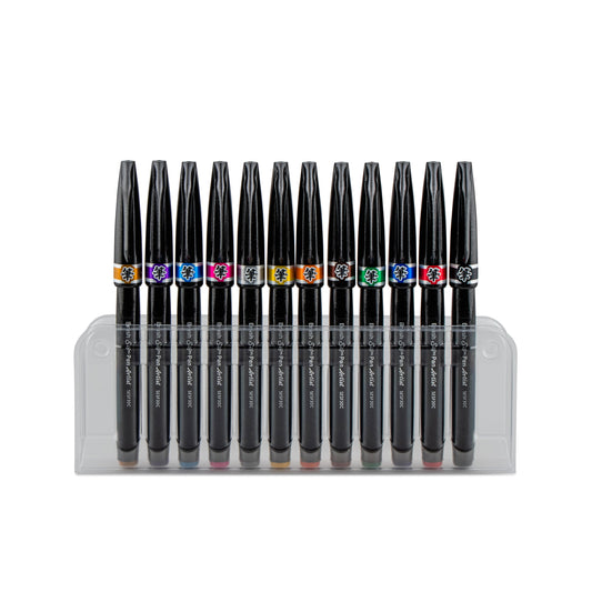 Pentel Arts Sign Pen Micro Brush Tip, Assorted Colors (A/B/C/D/E/F/G/N/P/S/V/Y), 12-pk Plastic Box (SESF30CPC12)