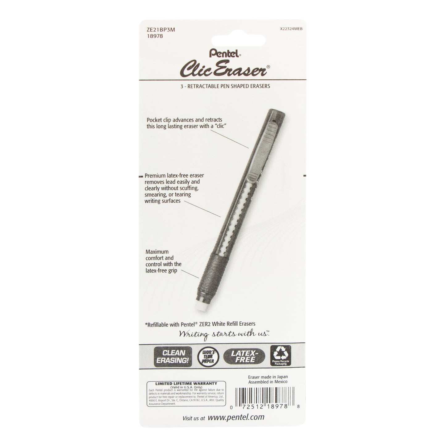 Clic Eraser Grip Retractable Eraser with Grip Office Barrel Colors 3-Pk (ZE21BP3M)