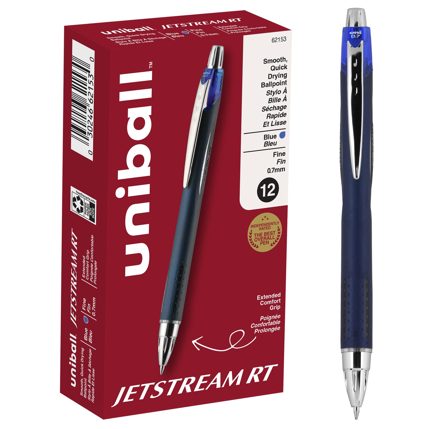 uniball™ Jetstream RT Ballpoint Pens, Fine Point (0.7mm), Blue, 12 Pack