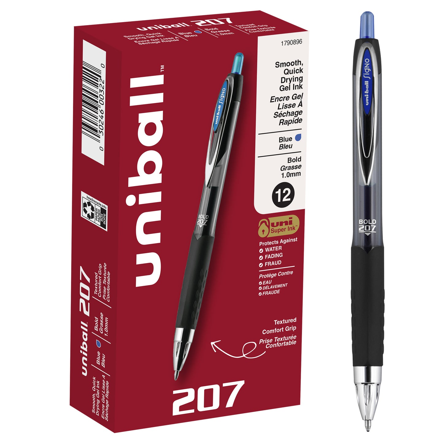 uniball™ 207 Retractable Gel Pens, Bold Point (1.0mm), Blue, 12 Pack