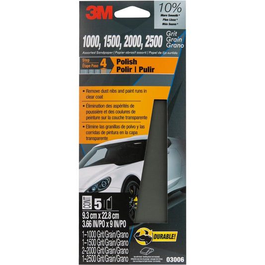 3M™ Wetordry Sandpaper 03006, 3 2/3 in x 9 in, Asst Grit, 5/Pack, 20/Case