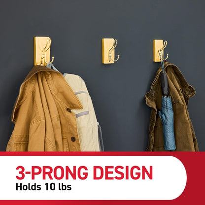 Command™ X-Large Satin Brass Triple Hook 17038BR-2ES, 2 Hooks, 6 Strips, 2 Pack