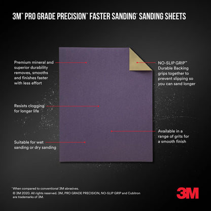 3M™ Pro Grade Precision™ Faster Sanding Sheets w/ NO-SLIP GRIP™ Backing SHR180-PGP-3T, 9 in x 11 in, 180 Gr, 3 Sht/pk