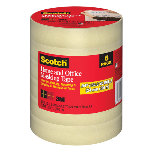 Scotch® Masking Tape 3400-24ER6, .94 in x 54.6 yd (24 mm x 50 m), 6 rolls/pack, 4 packs/case