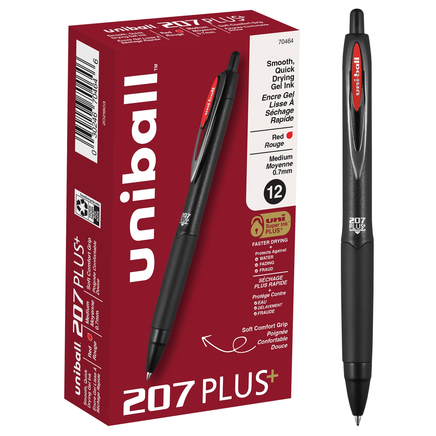uniball™ 207 Plus+ Retractable Gel Pens, Medium Point (0.7mm), Red, 12 Pack