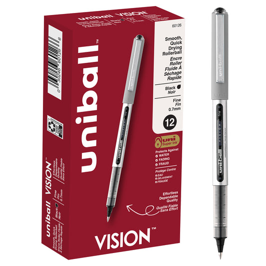 uniball™ Vision Rollerball Pens, Fine Point (0.7mm), Black, 12 Pack