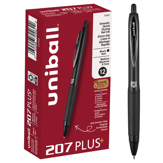 uniball™ 207 Plus+ Retractable Gel Pens, Medium Point (0.7mm), Black, 12 Pack