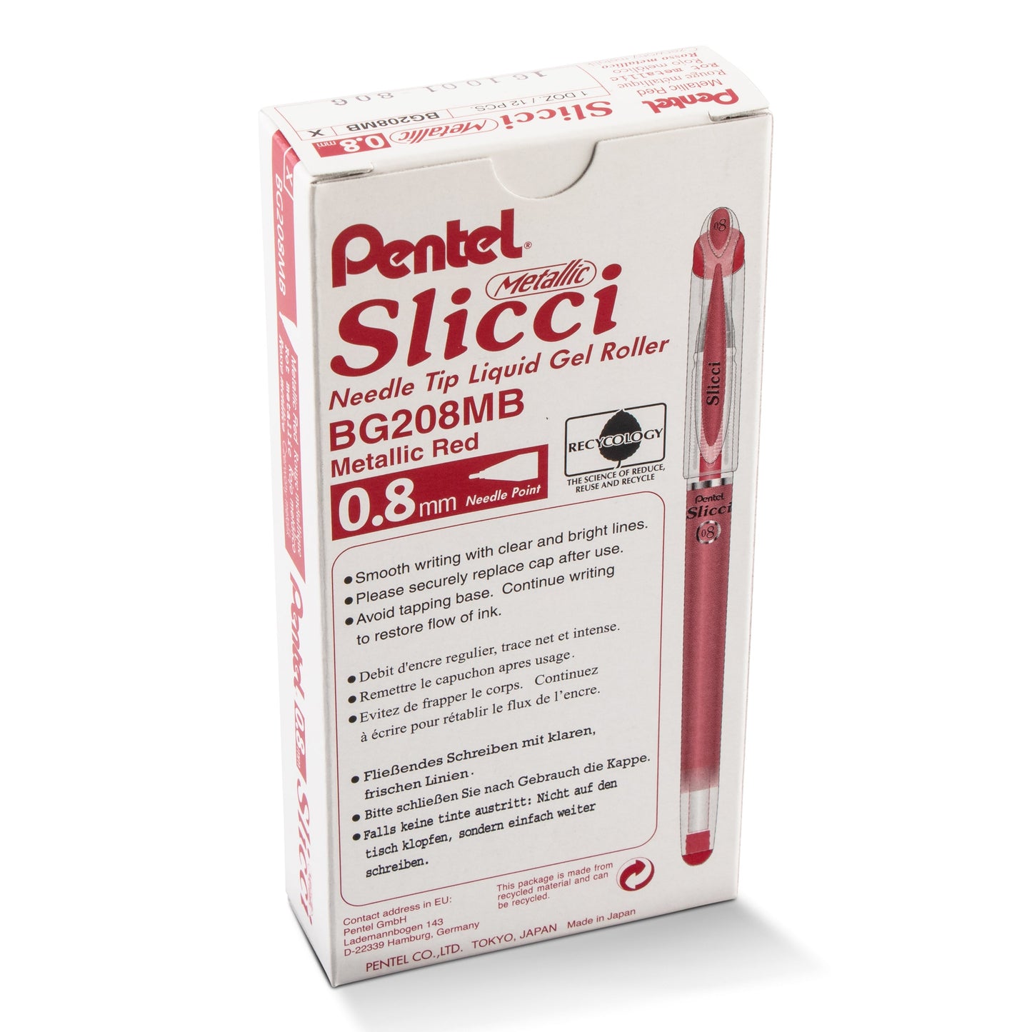 Pentel Arts Slicci METALLIC (0.8mm) Needle Tip Med Gel Pen Red Metallic Ink (BG208-MB)